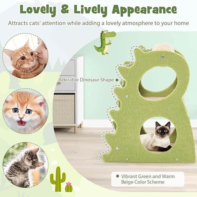 Tangkula Cute Cat Tree, Dinosaur-Shaped Cat Tower with Rotatable Sisal Scratching Ball, Soft Plush Fabric, Cat Climbing Stand, 2-Tier Modern Cat Tree for Small Indoor Cats (Green)