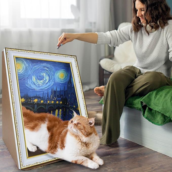 Cardboard Cat Scratcher, [Van Gogh Inspiration] Oil Painting Cat Scratching Board with Frame, Recycled Cat Scratch Pad for Indoor Cats, Cat Bed with Vintage Art Picture, Starry Night