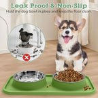 BNOSDM 2 Pcs Double Dog Food Bowls Stainless Steel Small Dog Food and Water Bowls with Non-Spill Plastic Mat Pet Cat Feeder Dish Set for Puppy Cats Kitten (Pink and Drak Green)