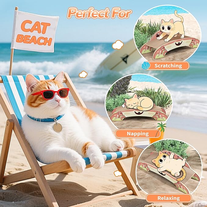 Crab-Shape Cardboard Cat Scratcher Bed Lounge for Indoor Cats, Durable 2-Side Curved Cute Cat Scratching Board Kitten Scratch Pad, Colorful