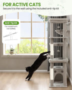 Cat Tree Tower for Indoor Cats, 67 inch Multi-Level Tall Climbing Tower with 3 Large Platform, Scratching Post, Hammock, Kitty Condo for Multiple Cats, Modern Cat Tree Furniture Heavy Duty, Light Grey