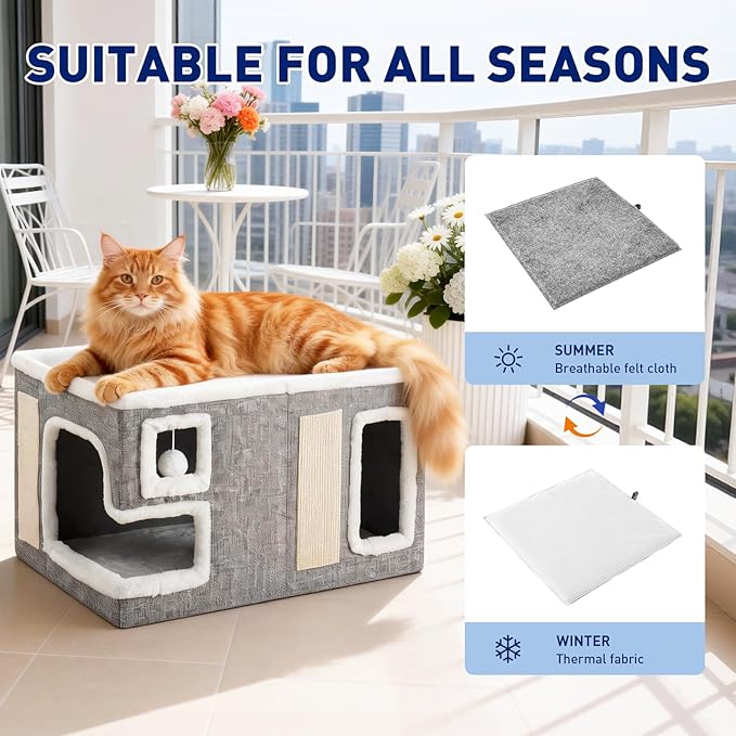 Cat Houses for Indoor Cats,Foldable with Cat Scratch Pad and Hanging Fur Ball - Washable Semi-Enclosed Cat Bed, Warming Comfy Cat Tent,22.83x16.92x12.99inch, Grey