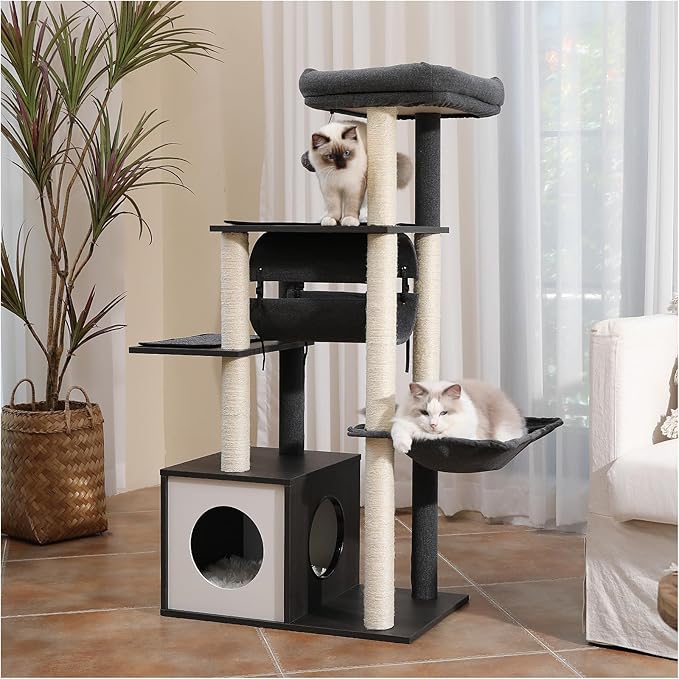 52" Cat Tree for Indoor Cats Large Adult, Modern Cat Tower with Fully Sisal Covered Scratching Posts, Cat Furniture with Spacious Perch, Super Large Hammock, Cozy Condo and Swing Tunnel Black