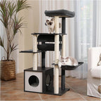 52" Cat Tree for Indoor Cats Large Adult, Modern Cat Tower with Fully Sisal Covered Scratching Posts, Cat Furniture with Spacious Perch, Super Large Hammock, Cozy Condo and Swing Tunnel Black