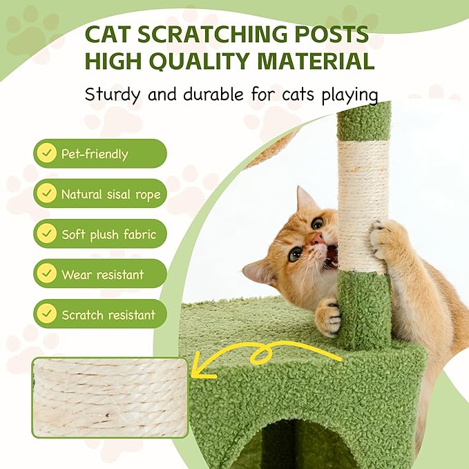 Cat Tree for Indoor Cats, 39.8-inch Cat Tower with 2 Plush Perches for Play & Rest, 1 Cozy Hideaway, Dangling Toy & Full Sisal Scratching Posts for Indoor Cats, Green