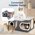 Shikha Cat Beds for Indoor Cats, Extra Wide Cat Cube House for Multi Cats, Foldable Cat Cave Hideaway with Arc-Edge Design & Oval Door, Reversible Cushion for All Seasons, 24"L x 17.7"D x 12.6"H, Grey