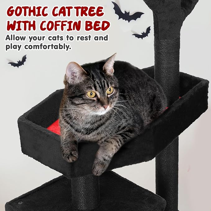47.2" Heavy Duty Gothic Cat Tree Large Cat Tower Cat Tree for Indoor Cats Spacious Cat Condo Coffin for Large Cats Scratching Posts Hanging Ball Pet Activities Platform Cat Furniture