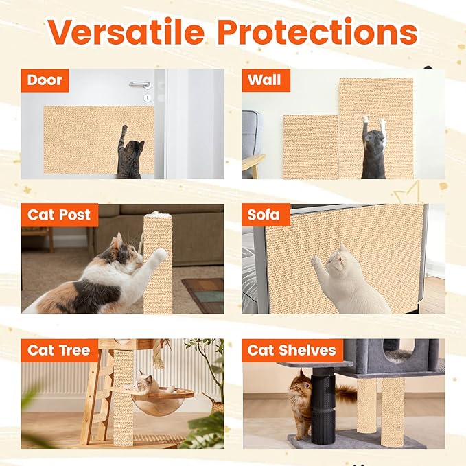 78.7"x15.8" Self-Adhesive cat Scratch pad - Trimmable Furniture Protector for Couch, Walls & Cat Trees | DIY Climbing Scratcher Pad with Twist Pins & Double-Sided Adhesives (Beige)