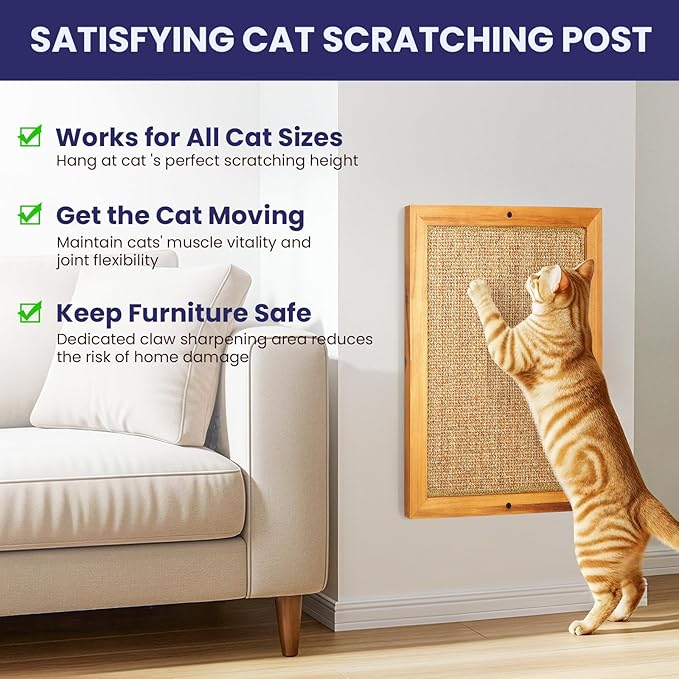 Large Sisal Cats Wall Scratcher, Floor or Wall Mounted Cat Scratching Mat, Durable cat Scratch Pads for Indoor Cats, Framed Sisal Scratch Pad Mat, Wall Cat Scratching Post for Furniture Protector