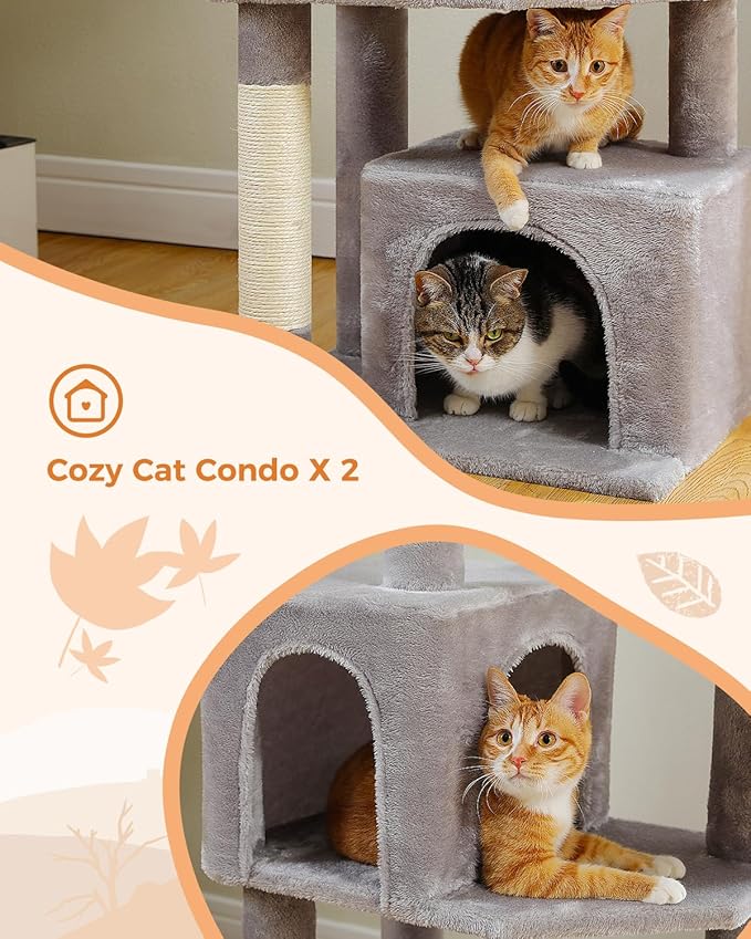 53-Inch Tall Cat Tree with 2 Condos for Indoor Cats,Cat Tower with Scratching Posts for Small Cats,Grey Cat Tree Tower with Hammock and Cat Toys