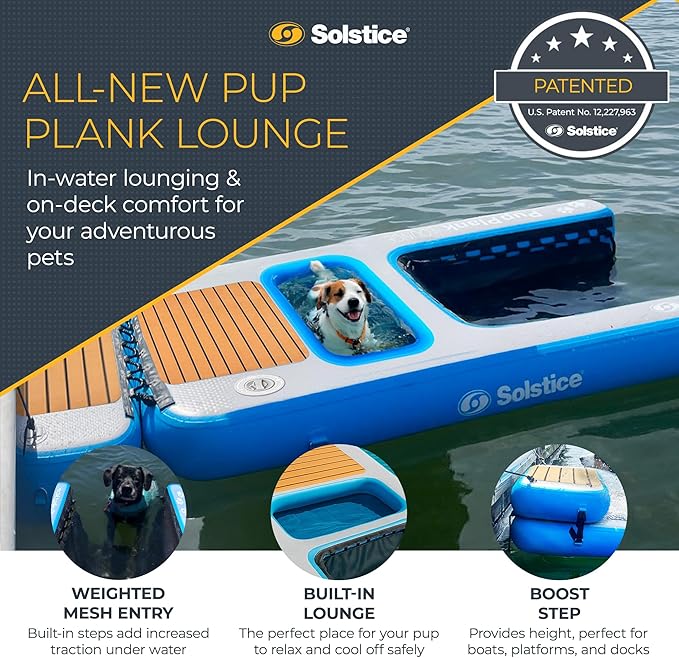 SOLSTICE Inflatable Pup Plank, Dog Water Ramp for Boats & Docks, Lounge, 250 lb Capacity - Floating Platform for Pets for Lake, River, Beach & Swimming Pool, Includes Pump, Patent-Protected Design