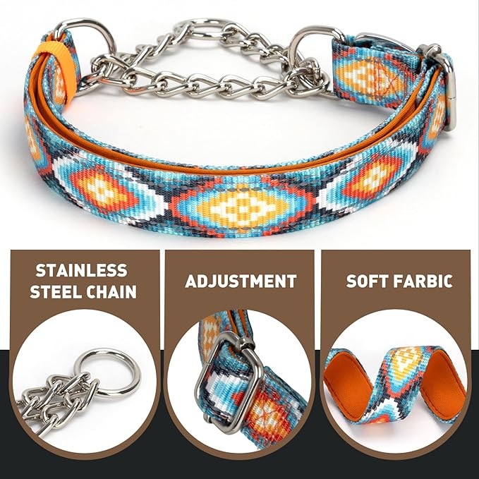 Martingale Dog Collar No Pull Adjustable - Choke Chain Collar with Metal Chain for Medium Large XL Dogs Comfortable Anti-Pull Training Collar, Tribal Pattern M