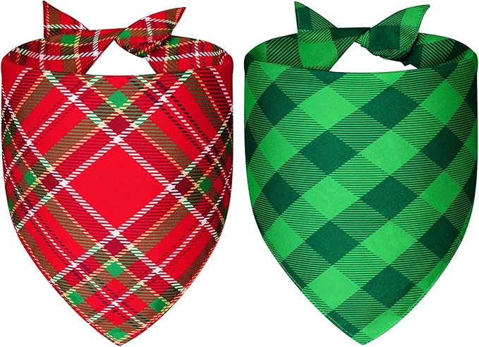 Christmas Dog Bandanas Large 2PCS, 4 Pattern Holiday Plaid Scarf for Boy and Girl, Triangle Reversible Bibs Breed for Puppy Pets