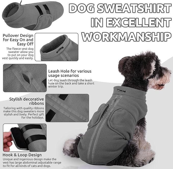 Queenmore XXS Dog Sweaters, Soft Fleece Vest Pullover Dog Jacket with Leash Hole, Warm Winter Dogs Clothes Cold Weather Doggy Dachshund Sweater for Small Dogs Cats Boy or Girl (Grey, XXS)