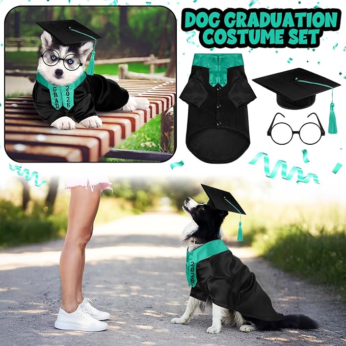 5 Pcs Dog Graduation Costume Set Include 2026 Pet Graduation Gown with Stole Puppy Grad Cap Lensless Glasses DIY Letter Stickers for Dogs Cats Holiday Costume Accessory(Black Green,M)