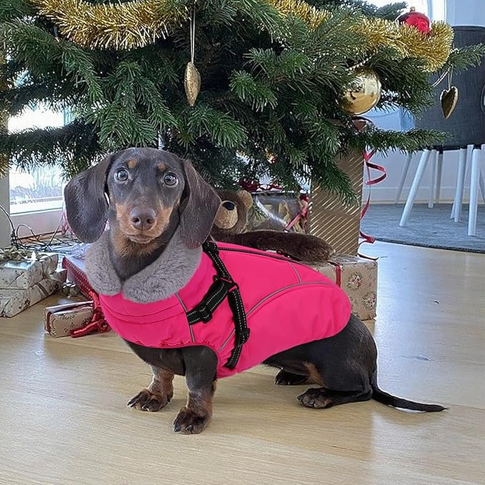 Dog Coats for Large Dogs, Dog Puffer Jacket with Harness Built in, Pet Warm Winter Vest, Rose L