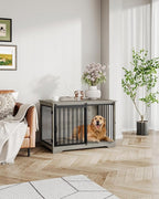 39.4" Heavy Duty Dog Crate Furniture with Barn Door, Wood Indoor Dog Crate Kennel for Small/Medium/Large Dogs, End Side Table, TV Stand, Greige Black DFC02305B