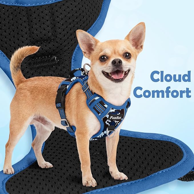 Funfox Dog Harness No Pull, Adjustable Pet Vest Harness, Super Soft Material with Vertical Handle Easy Control, Reflective Night Walking, 2 Leash Clips for XLarge Dogs, Mosaic Blue, XL
