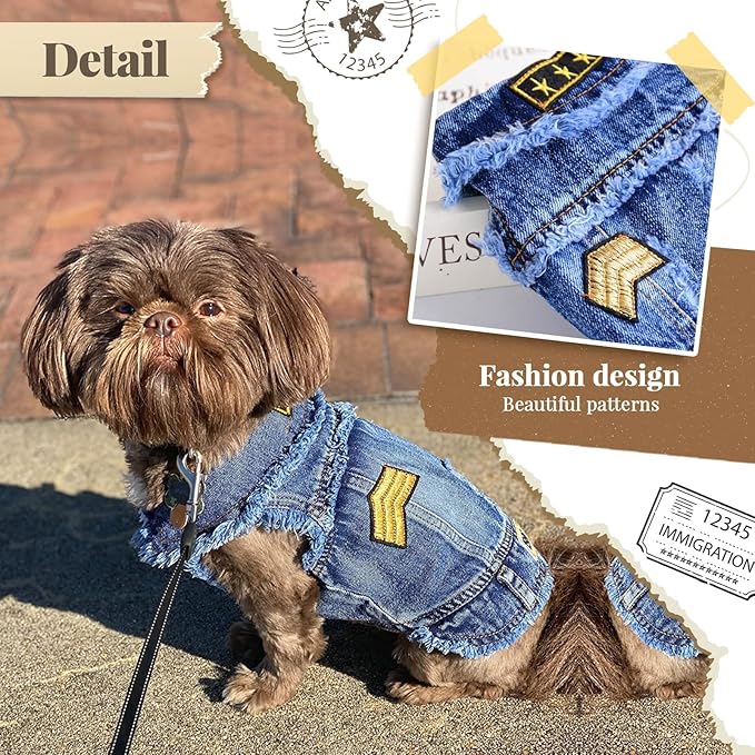 Cool Dog Jean Jacket Small Puppy Outfits Frenchie Clothes Denim Coats for Small Medium Dogs Cats Boys Girls Pet Vest Dog Shirt Clothing Doggy Costume (Blue Print, L（Suggest 9-12 lbs）)