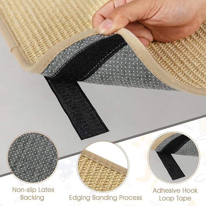PETSITE Cat Scratcher Mat, Natural Sisal Scratching Mats, Horizontal Cat Floor Scratching Pad Rug with Adhesive Hook Loop Tapes (6, 15.75 x 11.81 in)