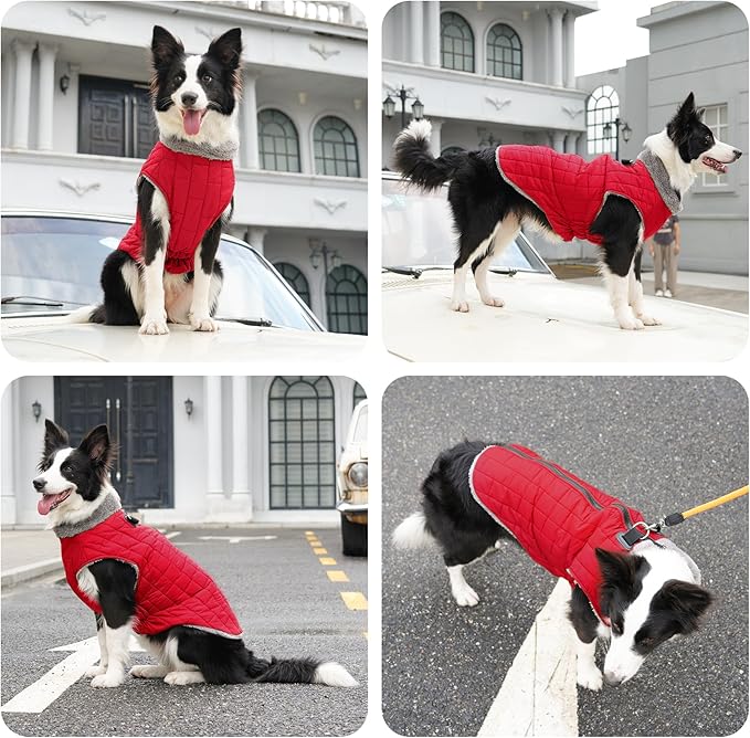 Warm Fleece Dog Coats with Durable Harness Buitl in D-Ring,Waterproof Doggie Jacket for Medium Dogs,Dog Vest for Cold Winter,Red L