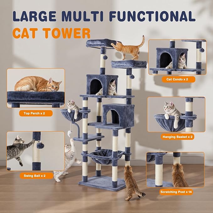 71in Extra Large Cat Tree Tower, Multi-Level Tall Cat Tower with Scratching Post/Hammock/Plush Condo/Pompoms/Wide Base, Heavy Duty Cats Tree for 20lb+ Large Adult Cats/Kittens, Grey
