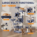 71in Extra Large Cat Tree Tower, Multi-Level Tall Cat Tower with Scratching Post/Hammock/Plush Condo/Pompoms/Wide Base, Heavy Duty Cats Tree for 20lb+ Large Adult Cats/Kittens, Grey