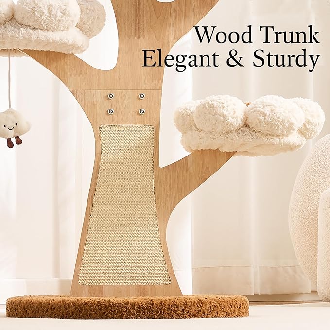 797Audio Flower Cat Tree, 48" Wood Branch Cat Tower, White Cloud Cat Tree with Scratching Post for Indoor Adult Cats, Luxury Cat Tree with Cozy Perches & Interactive Squeaky Hanging Toy
