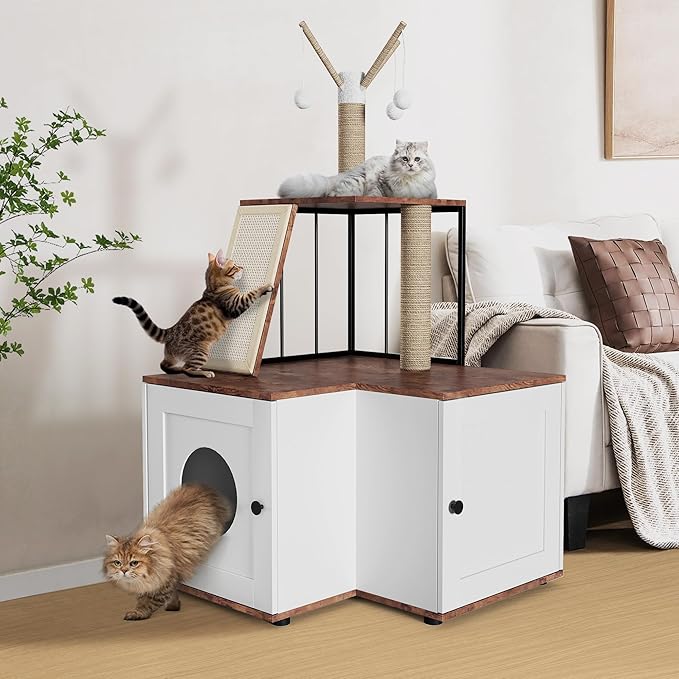 48.8" Wooden Cat Tree with Hidden Litter Box Enclosure & Storage Cabinet – 2-in-1 Cat Furniture with Scratching Post, Toy Balls, and Play Area for Indoor Cats