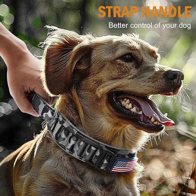 HYDEME Tactical Dog Collar, Alpine Loop Adjustable Military Training Nylon Dog Collars with Handle and Reflective for Small Medium Large Dogs, with Airtags Protective Case & Patches.(L,Camo)