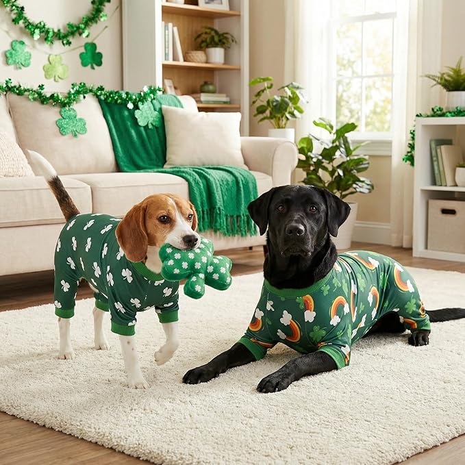 Vehomy 2-Pack St.Patrick's Day Dog Pajamas Clover Rainbow Pet Jumpsuits Puppy Pjs Lucky Shamrock Dog Onesie St Patricks Dog Jammies Costume Outfit Clothes for Small Medium Large Dogs L