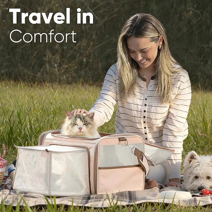 FUKUMARU Expandable Cat Carrier, 18x11x11 Soft Cat Travel Carrier, Ventilate Airline Approved Dog Carrier, Durable Small Dog Carrier with Anti-Scratch Mesh, Escape-Proof Pet Carrier for Cat, Pink
