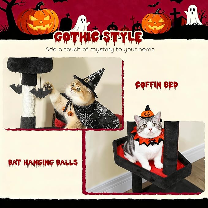 PawHut Gothic Cat Tree, 78" Extra Tall Cat Tower for Indoor Kittens with 2 Spacious Condos, Sisal Scratching Posts, 4 Bat Hanging Balls, Comfy Hammock, Ramp, Bed, Black and Red Halloween