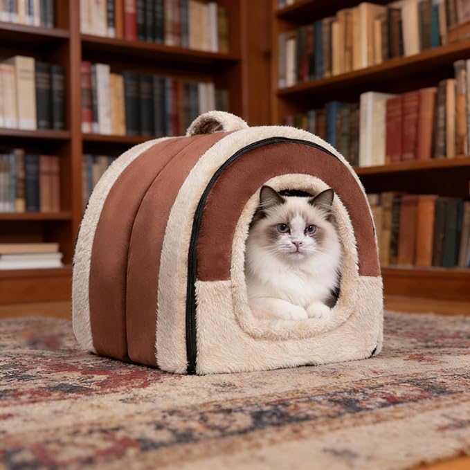 Hollypet Cat Bed Self-Warming 2 in 1 Foldable Kitty Cave Hut House Nest Pet Sleeping Bed, Crystal Velvet Pet Condo for Indoor Cats, Brown Arched Cave