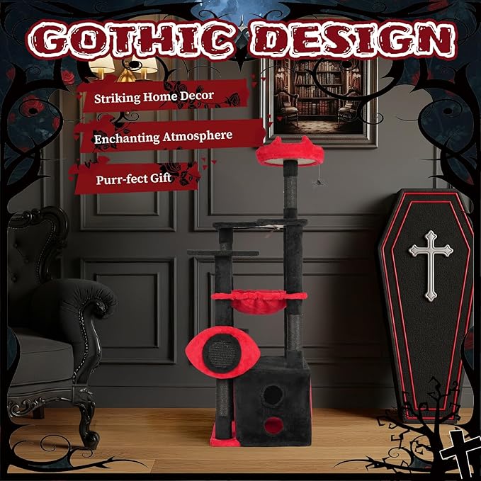 Gothic Halloween Cat Tree Tower, 5-Level Cat Furniture with Scratching Posts, Spider Toy, Condo & Perch for Indoor Cats, Black Red Large Cat Tower