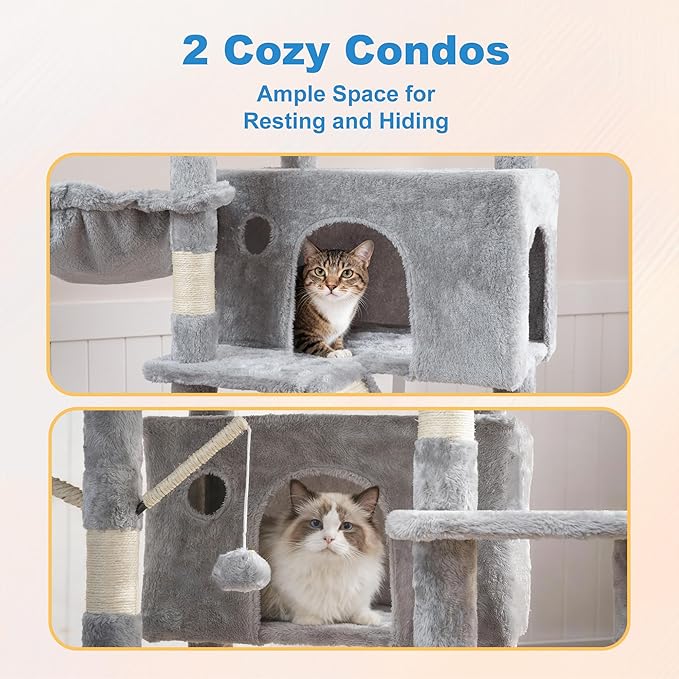 Hey-brother Cat Tree Tower, Sturdy Multi-Level Scratching Posts with Extra Supporting Part, 5 Teaser Toys, 2 Condos, Large Bed, Hammock, Scratch Baord for Indoor Cats, 82.7 Inches, Light Gray MPJ082W