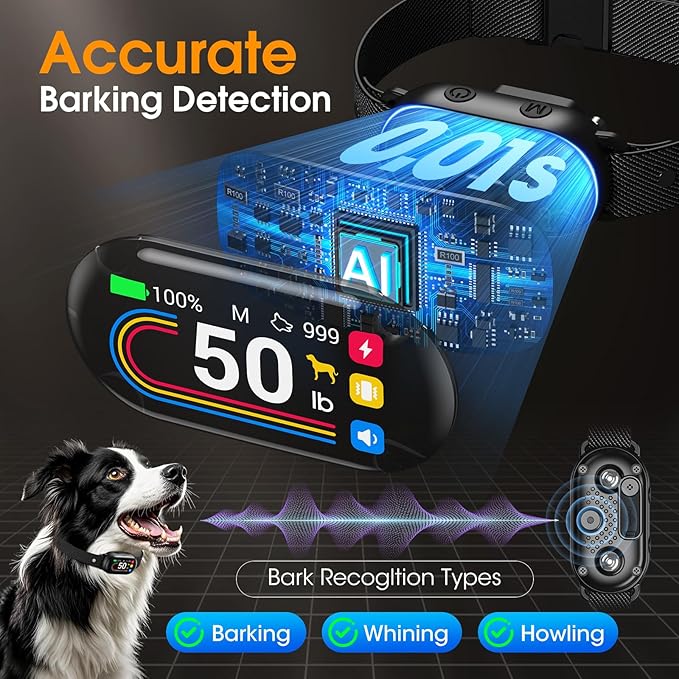Dog Bark Collar for Small Medium Large Dogs 10-100lbs, Automatic Bark Device with Anti-False Trigger & Bark Count Tracking, 4 Training Modes and 8 Sensitivity to Effectively Stop Barking, Black