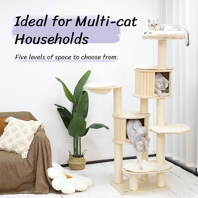 KAMABOKO 67” Tall Cat Tree, Extra Large Cat Tree - 8 Levels Wood Cat Tower Chewable w/Cat Condo, Hammocks & Hanging Basket for Large Cats