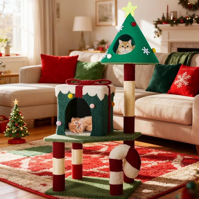 Christmas Cat Tree Tower for Indoor Cats - 45In Multi-Level Cat Climbing Tower with Cat Condos, Xmas Tree Gift Box Shaped Condo Candy Cane Design Cute Cat Tree Tower Holiday Decoration