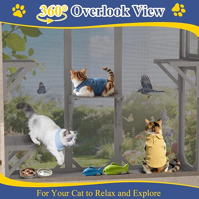 PetsCosset Cat Window Box Wooden Window Catio for Indoor Cats, Cat Enclosure with 4 Platforms & 3 Doors, Wall-Mounted Perch for Sunbathing, Play & Tunnel Connection, All-Weather Use, Keeps Insects Out