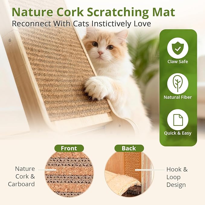 4-in-1 Adjustable Cat Scratch Pad, Nature Cork Scratching mat, 32 inch Foldable Wooden Post. Easy Install, Durable Design for Indoor Cats