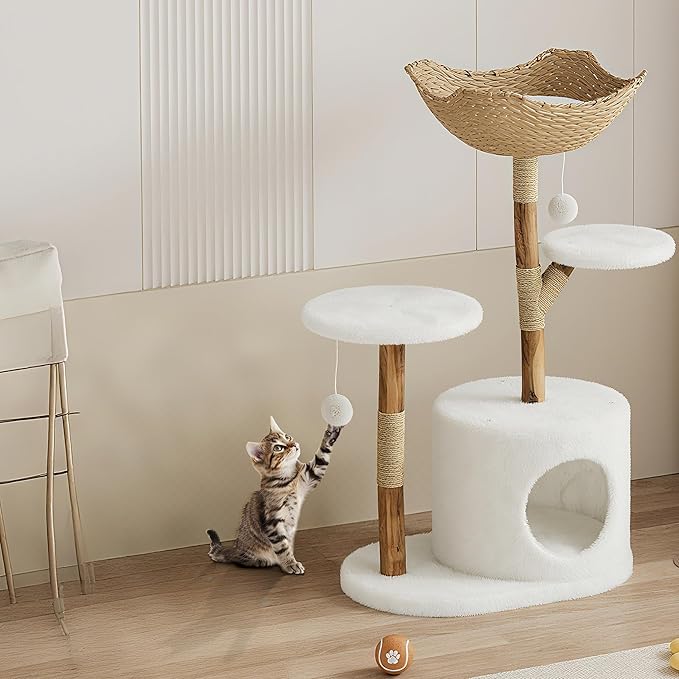 Real Wood Modern Cat Tree Tower, Solid Wood Cat Scratching Post with Natural Wicker Condo, Indoor Cat Tree with Bed, Two Platforms, Aesthetic Boho Cat Furniture