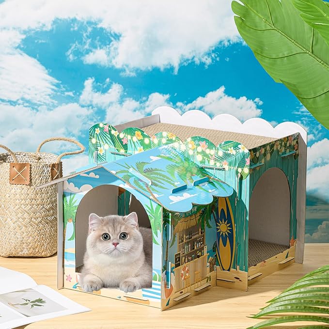 2 Story Cardboard Cat House with Scratcher Pad for Small Kitten,17x12x10 Multi Level Durable Cat Condo & Villa for Bunny Rabbit Small Animals Christmas Birthday Gift(17x12x10,Hawaii)