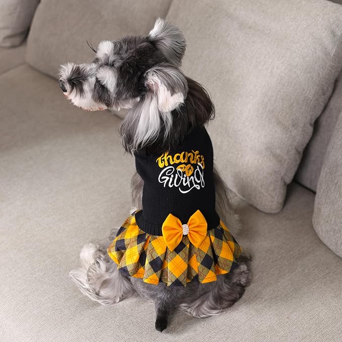 CuteBone Thanksgiving Dog Sweater Dress for Small Dogs Girl, Thanksgiving Embroidery Turtleneck Medium Dog Sweater with Bowtie, Pet Clothing for Chihuahua Yorkie Teacup DS108XL