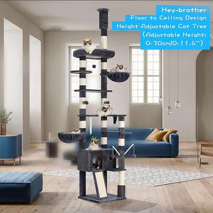 Hey-brother Cat Tree, 98.4-110.2 Inches Floor to Ceiling Cat Tree-Adjustable Height, Tall Cat Climbing Tower for Cats Large Adult with Scratching Post, Cat cando, Smoky Gray 0MPJ091G