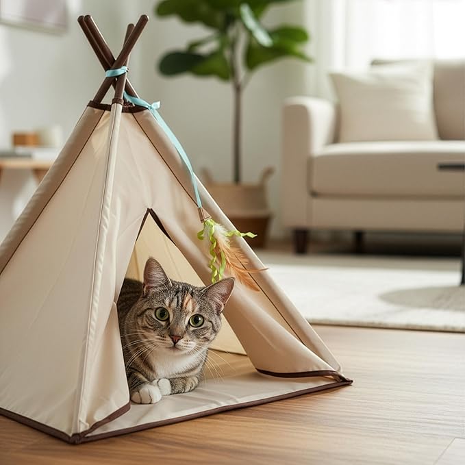 SmartyKat Kitty Camp Crinkle Cat Tent Hideaway, Collapsible Tent with Detachable Feather Toy for Privacy & Play for Cats & Kittens, Beige, One Size