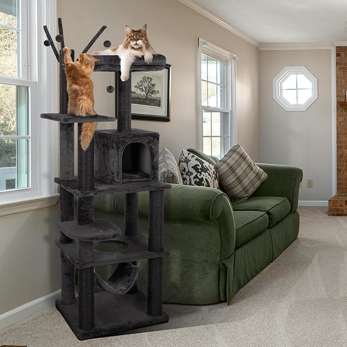 KAMABOKO Gothic Cat Tree, 73.6in Black Cat Tower with Coffin Bed, Big Tall Cat Condo with Sisal Scratching Posts, Scratching Ramp and Comfort Basket for Indoor Cats