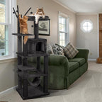 KAMABOKO Gothic Cat Tree, 73.6in Black Cat Tower with Coffin Bed, Big Tall Cat Condo with Sisal Scratching Posts, Scratching Ramp and Comfort Basket for Indoor Cats