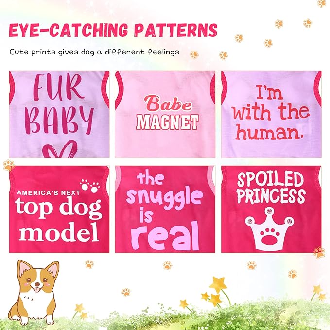 Jexine 6 Pack Chihuahua Dog T Shirt Girl Dog Puppy Clothes Breathable Outfit Pet Costume Summer Cat Clothes Dachshund Puppy Accessories Printed Shirts(Medium)