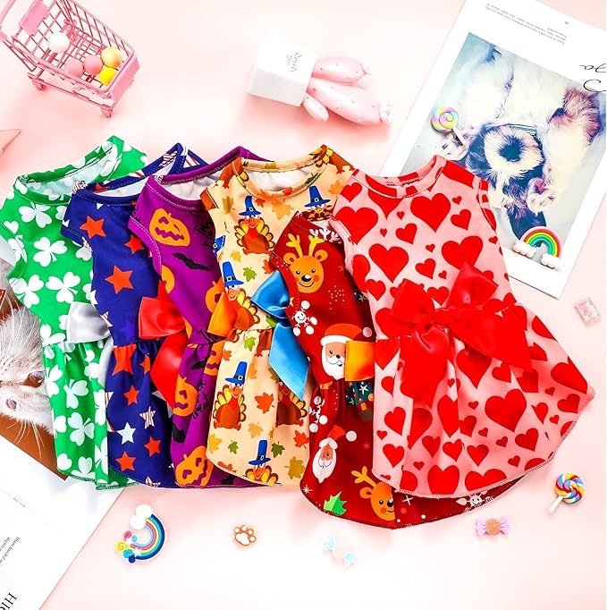 Frienda 6 Pack Valentines Day Dog Costume St. Patrick's Independence Day Christmas Halloween Thanksgiving Dress Bow Puppy Pack Girl Cat Birthday American Flag Dog(XL (9-11lbs))